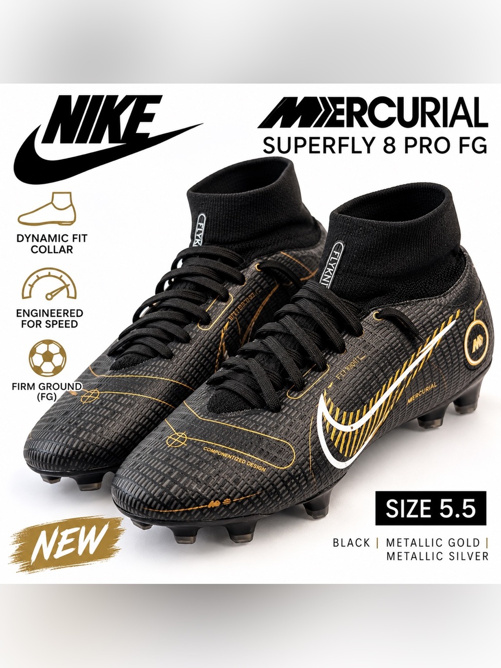 Nike Mercurial Superfly 8 Pro FG Cleats Black Gold Size 5.5 NEW